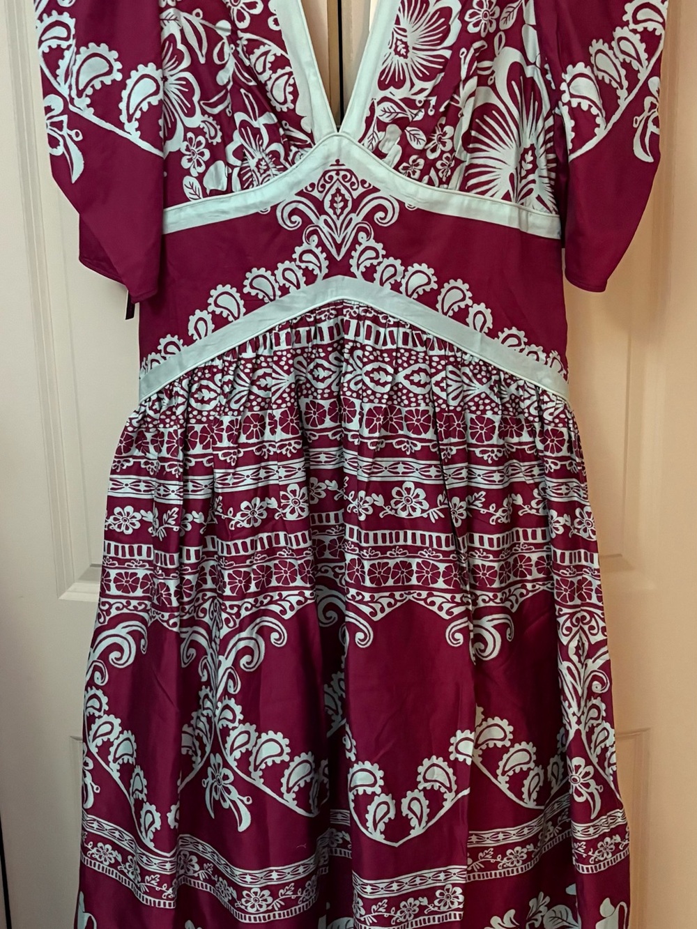 FARM Rio X Anthropologie Burgundy and Blue V-Neck Puff-Sleeve Midi/Maxi Dress - Picture 13 of 16